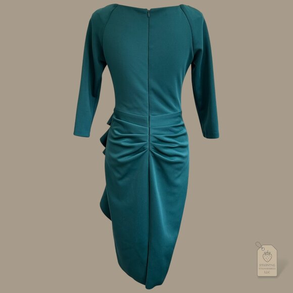XSCAPE Emerald Green Draped Ruffle Sheath Dress Women’s Size 6 Made in USA - Picture 6 of 7